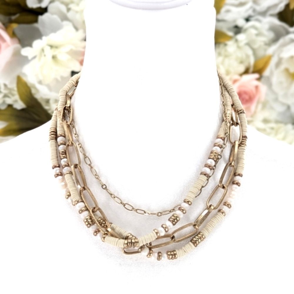 Beach Shell Beaded Gold Tan Adjustable Layered 4 Strand Beachy Necklace